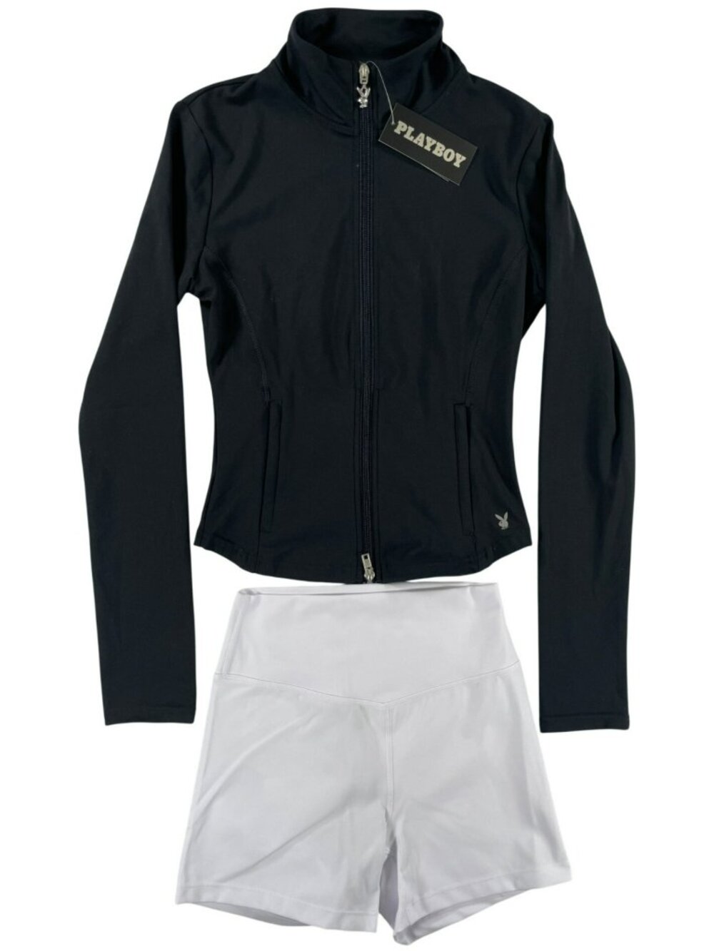 Playboy 2-PIECE-SET Black Zip-Up Jacket White High-Waisted 2" Shorts Size M NEW